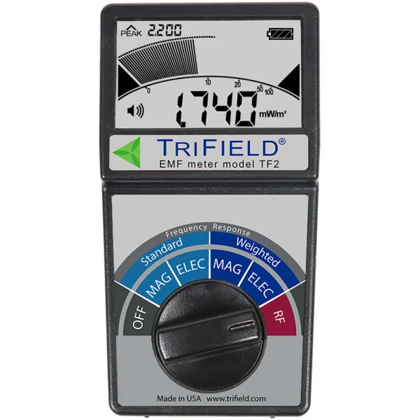 The TriField® TF2 EMF Meter can be used as an AC gaussmeter, an AC electric field meter, & a radio frequency meter